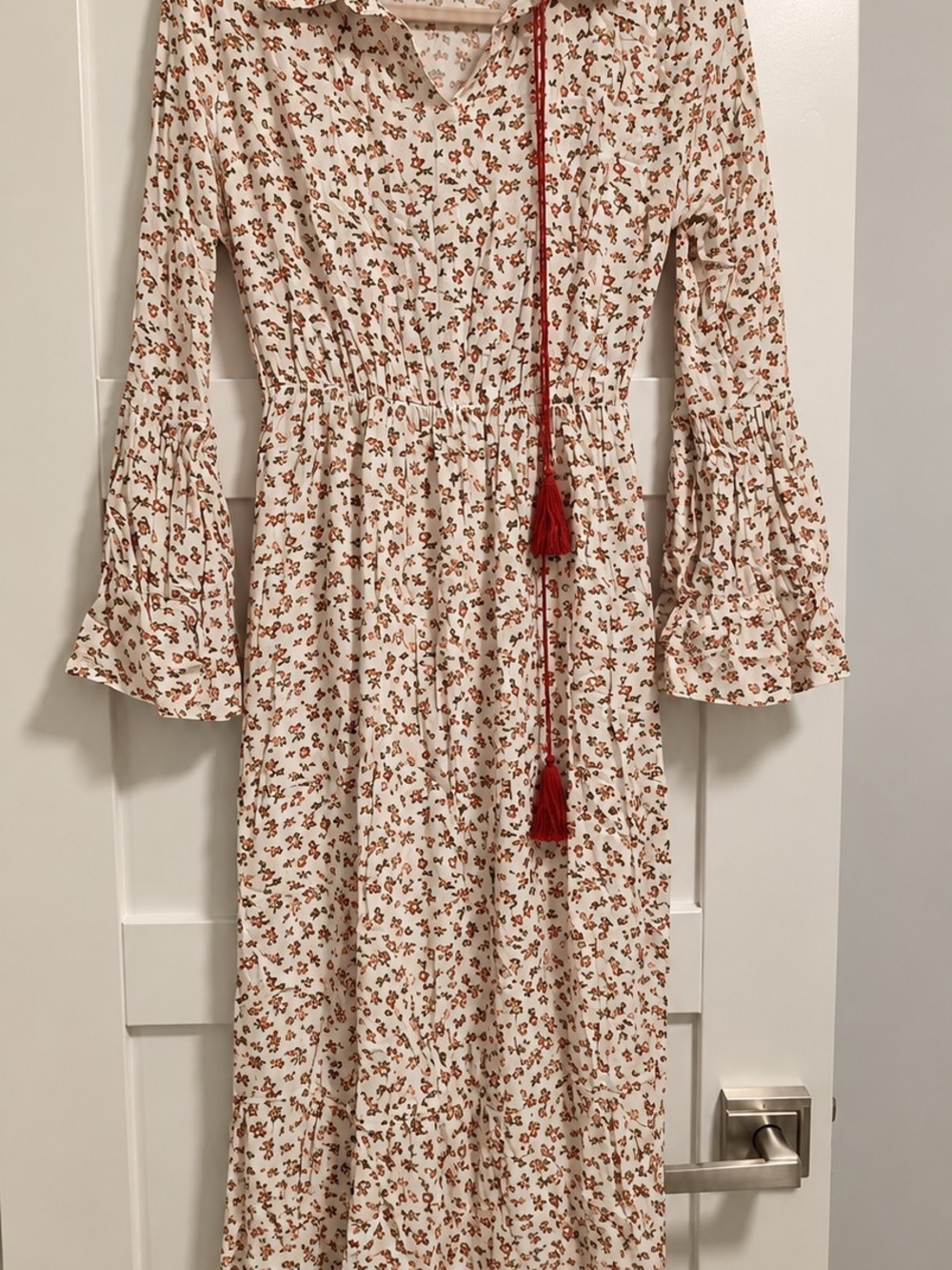Banana Republic Cream Midi Dress with Brown Floral Print and Red Tassels